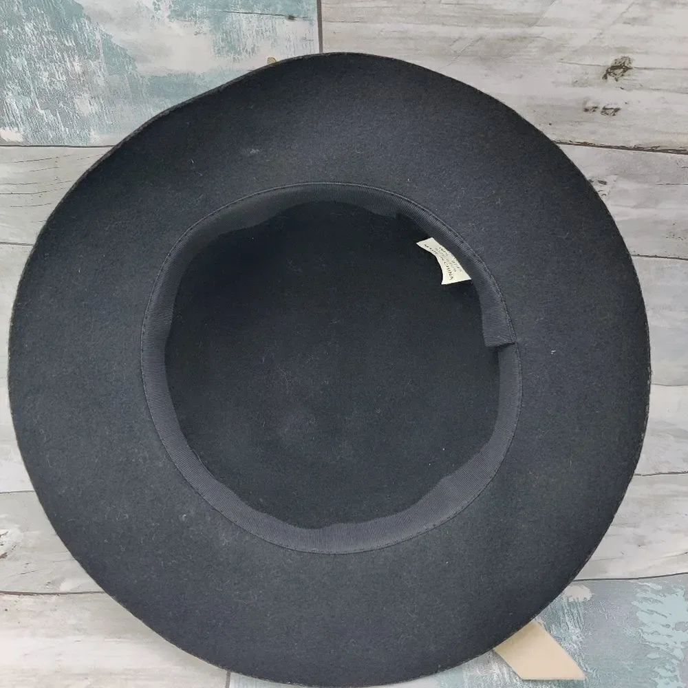 Black Wool Felt Cloche Bucket Hat w/ Cream Felt Band & Bow 57 cm 22.5